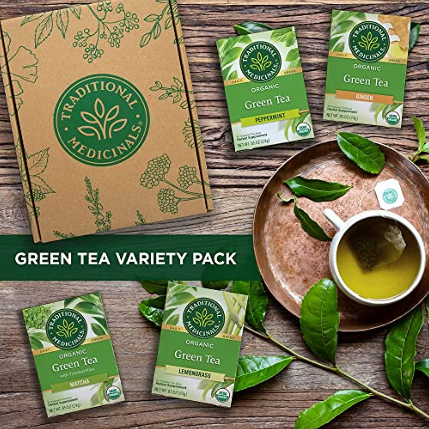 Traditional Medicinals - Organic Green Tea Variety Pack - Includes Matcha, Ginger, Peppermint And Lemongrass - 64 Tea Bags Total (4 Pack)