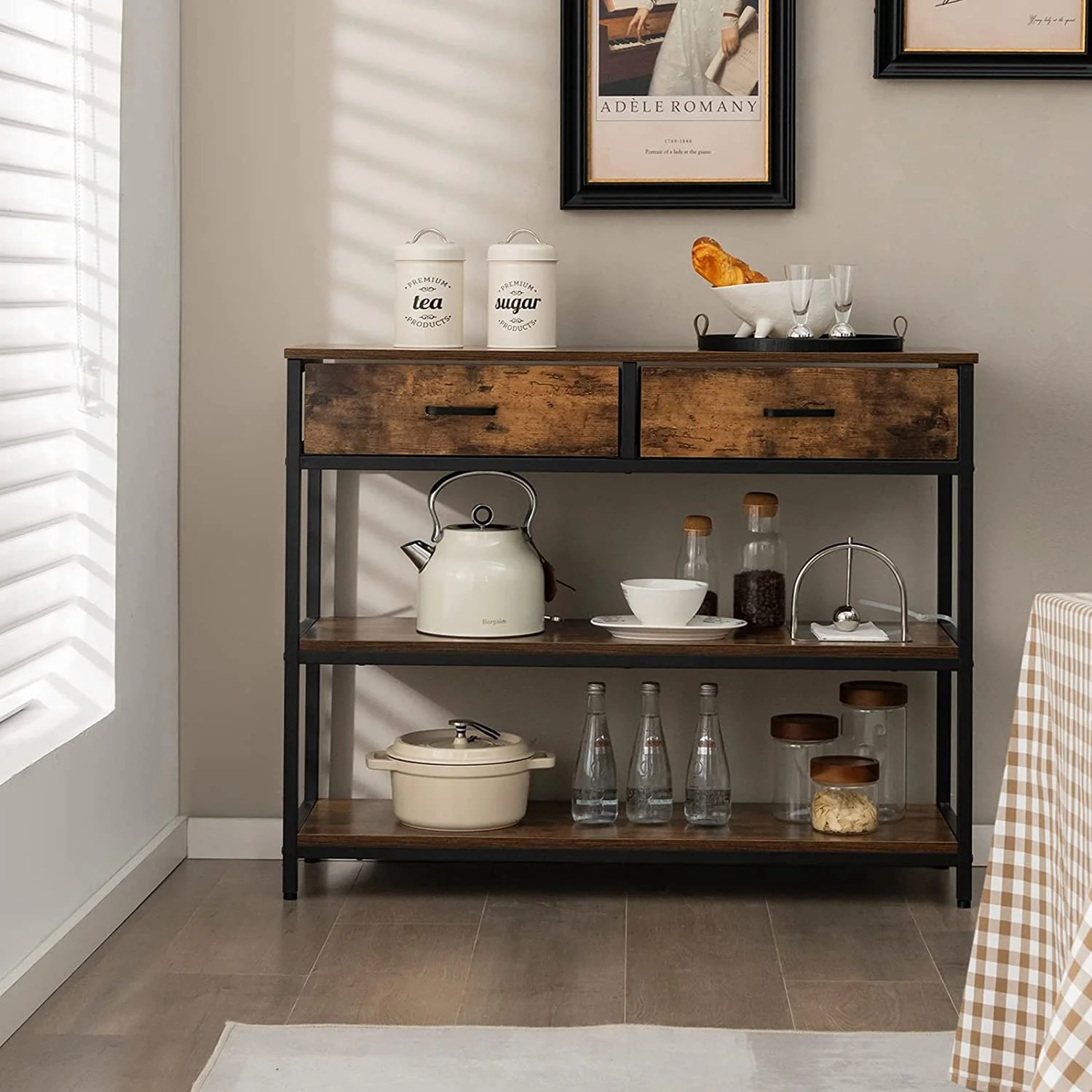 CKPFVY 3-Tier Entryway Table with  - Sofa  with 2 Large Drawers  2 Open  Shelves  Anti-toppling Device  Console Table with Metal Frame for Hallway  Living Room  Rustic Brown