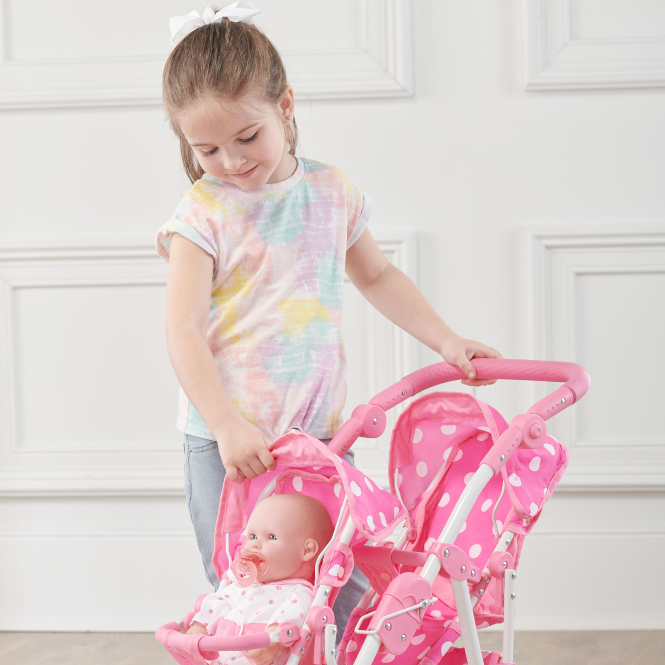 Reversible Double Doll Stroller - Pink/Polka Dots