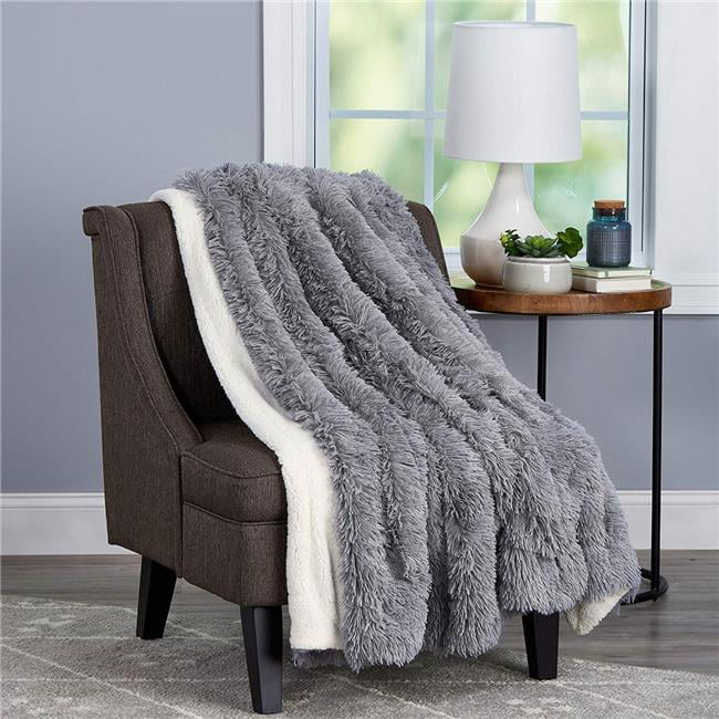 Soft Hypoallergenic Long Pile Faux Rabbit Fur Blanket with Sherpa Back for Couch Bed Throw Luxurious, 60 x 70 in. - Pewter