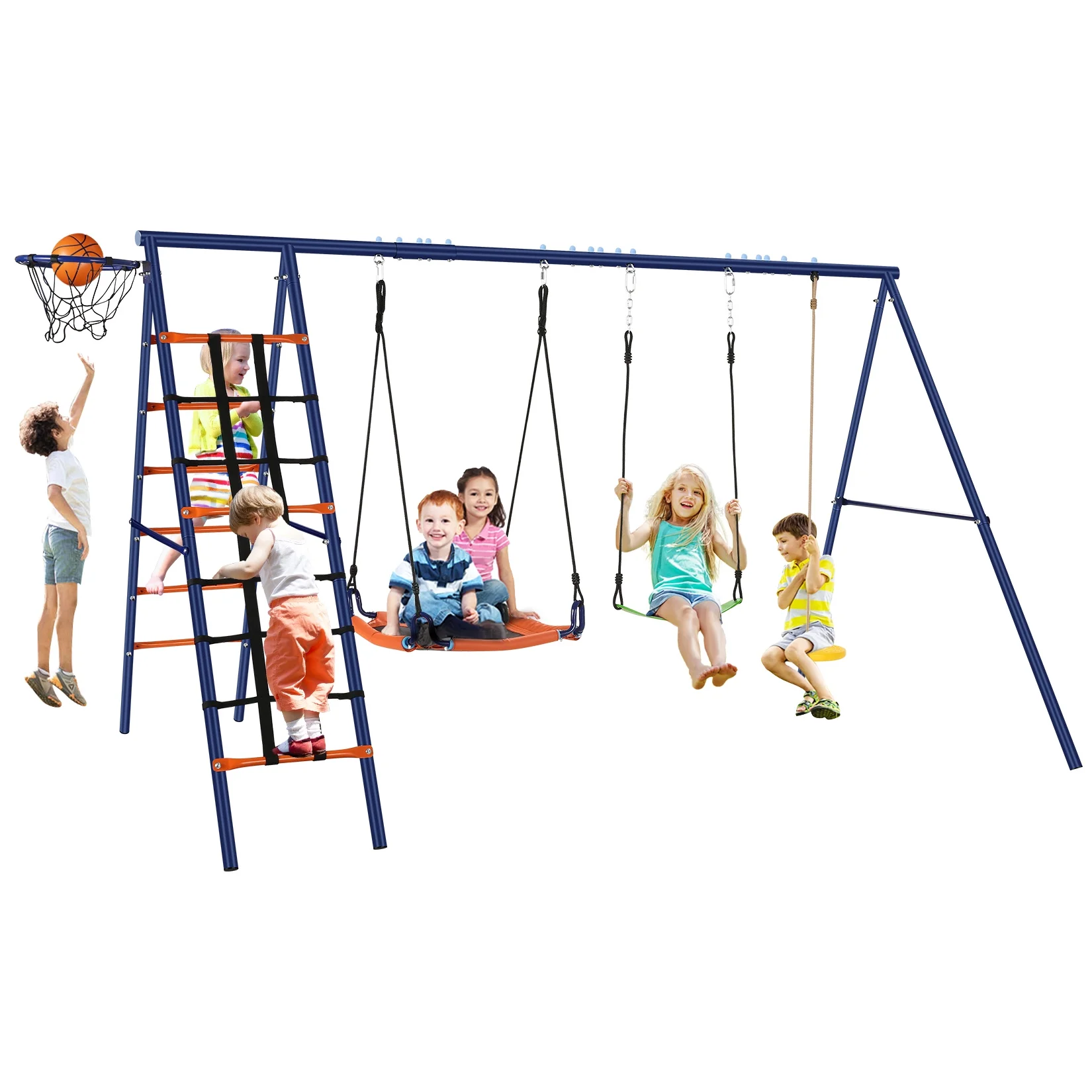 Veeboto Swing Set for Kids, 5-in-1 Multifunctional 440lbs Swing Seat with Saucer Swing, Belt Swing, Disc Swing & 2x Climbing Ladder, Heavy Duty Rustproof A-Frame Metal Outdoor Swing Set for Backyard