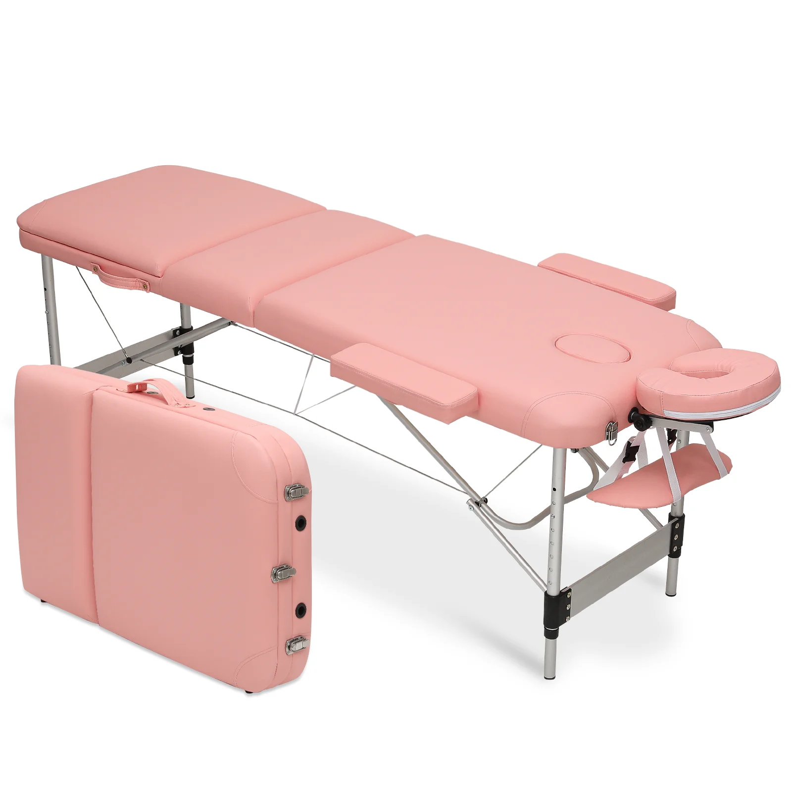 MoNiBloom Foldable Massage Table, Aluminum Alloy Height Adjustable Physiotherapy/Stretching//Tattoo/Salon/Spa/Treatment Bed with Three Fold and Carry Bag, Hold Up to 500Lbs, Pink