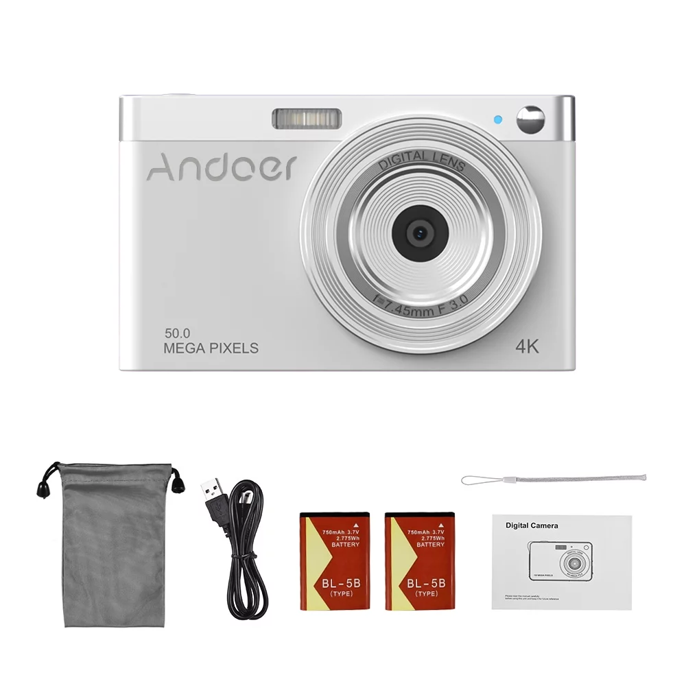 Andoer-2 Digital Camera,50MP 2.88Inch IPS Camera Video 50MP Smile Capture Built-in 4K Camera Batteries Carry Wrist Auto 16X -Shake IPS Screen Auto Built-in 2pcs Batteries Capture Built-in 2pcs