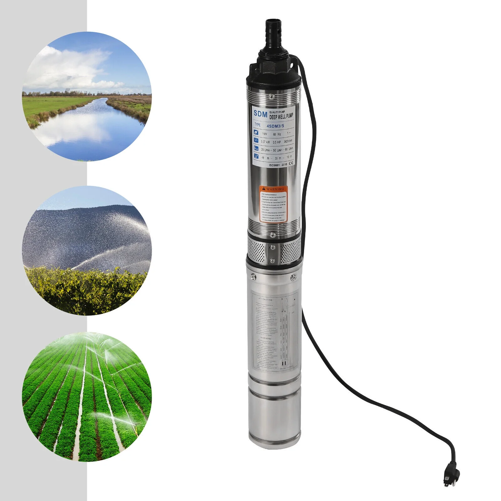 ZhdnBhnos 110V 370W Electric Powered Deep Well Pump 1/2HP 16GPM Submersible Pump Stainless Steel Water Pump