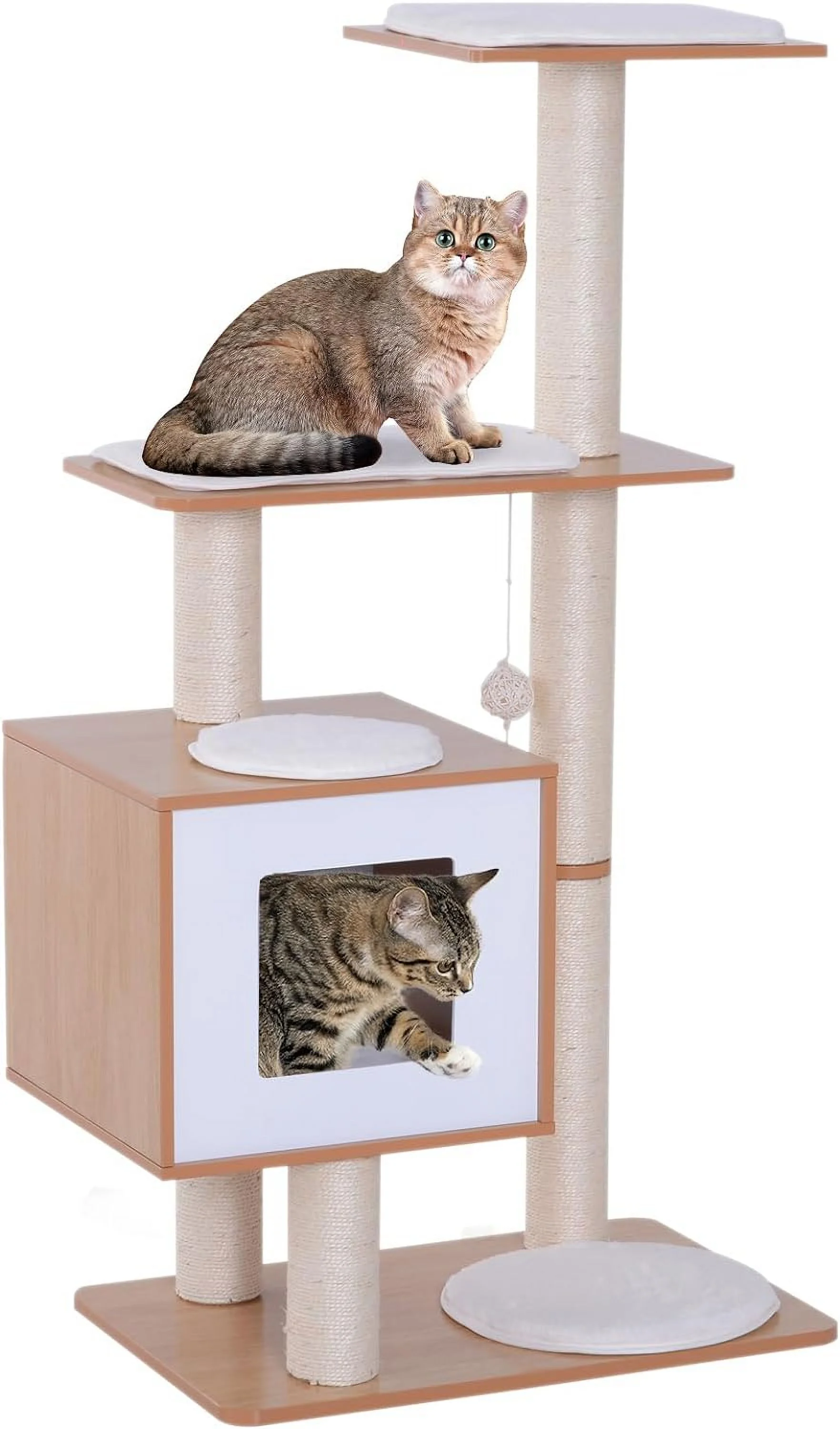 PawHut 47” Modern Cat Tree Multi-Level Scratching Post with Cube Cave Enclosure - Oak Wood and White