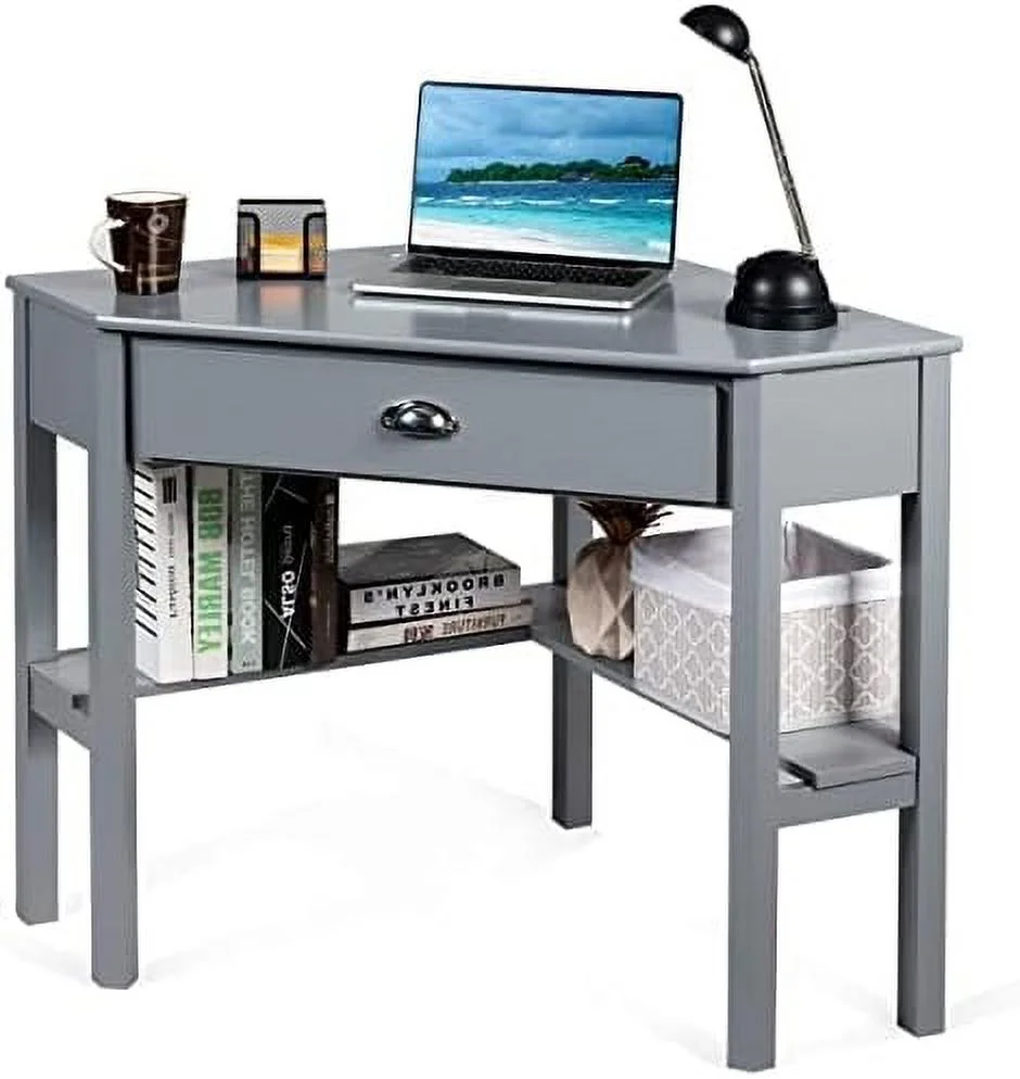 JDZHAPPYLIFE Corner Desk for Small Space  Compact Writing Table with Drawer and Shelves  Space Saving Study Modern Workstation  Laptop Corner Computer Desk for Home  Office (White&Nat