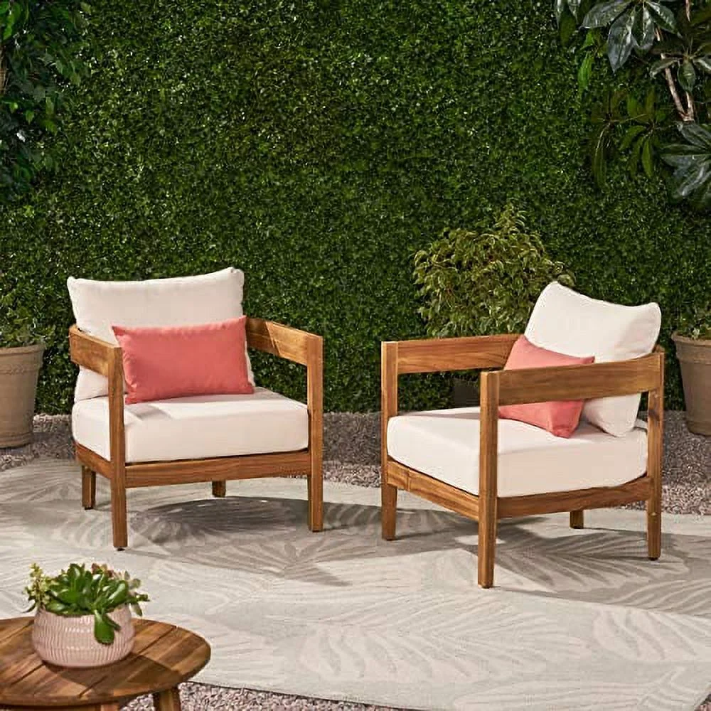 Christopher Knight Home, Alfy Outdoor Club Chair with Cushions (Set of 2), Teak Finish, Beige