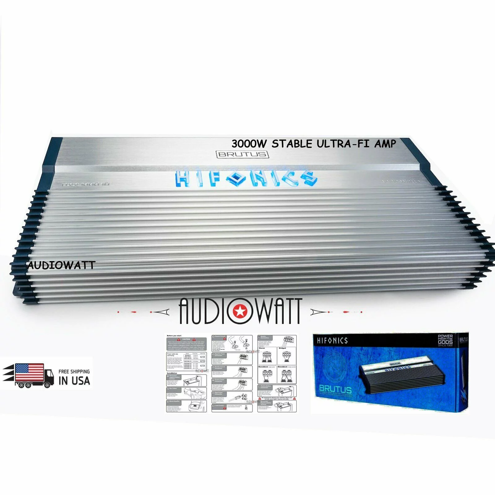 HIFONICS BXX3000.1D BRUTUS 3000W 1-OHM STABLE ULTRA-FI MOSFET 1-CH AMP CLASS D Bundle