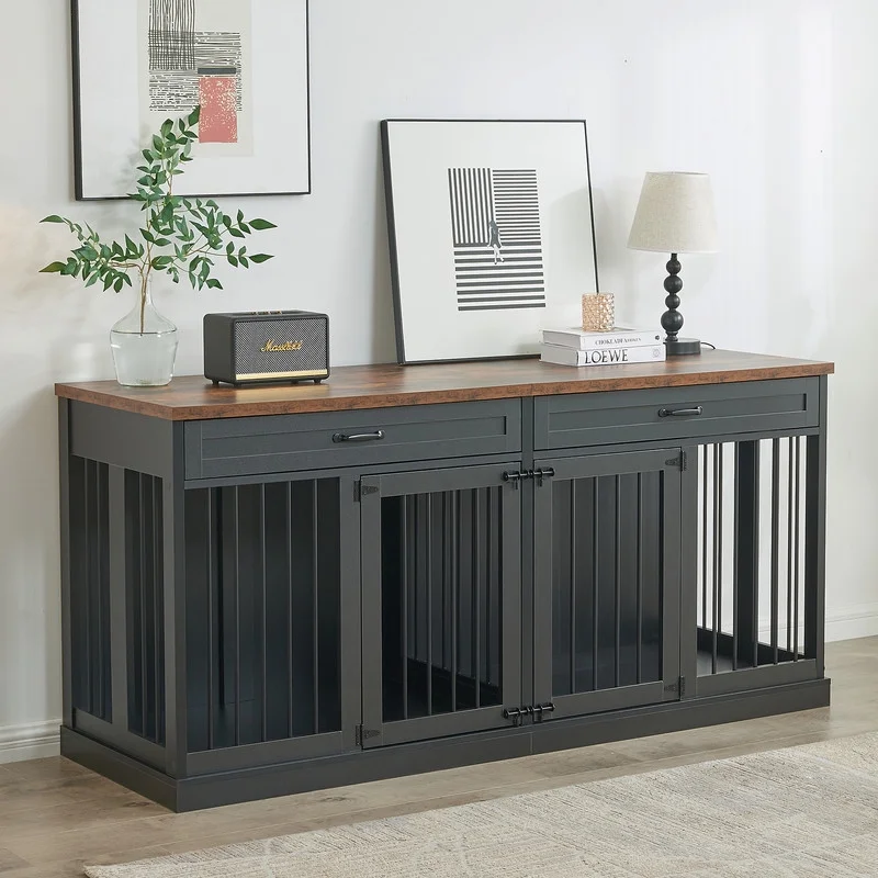 Large Dog Crate Furniture, 70.9”Double Dog Kennel Furniture with 2 Drawers and Removable Divider, XXL Heavy Duty Wood Dog Crate Table for 2 Dogs Indoor (Black)