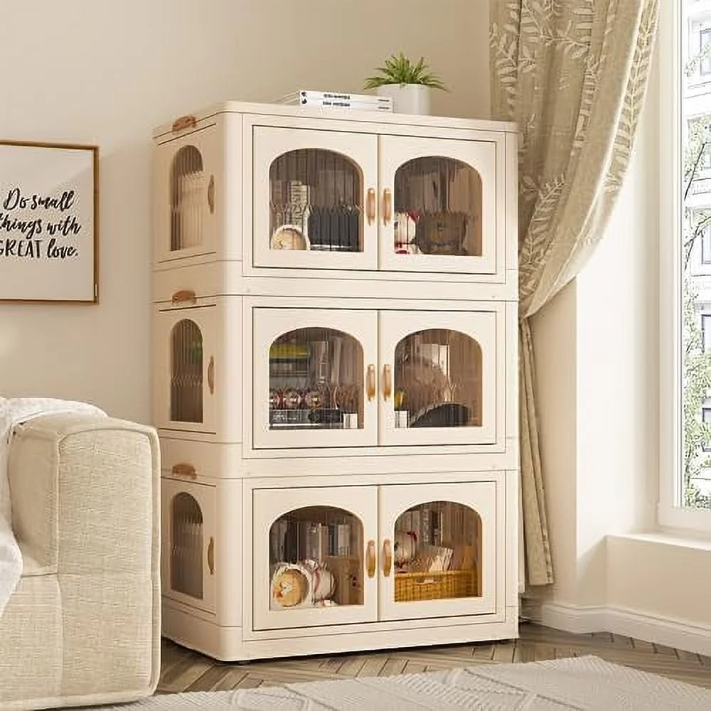 CCBIUOMBO 75 GAL Stackable  Bins with Lids for Closet Organizers Collapsible  Bins with Door and Wheels Trunk Car Folding  Containers Box for Bedroom Kitchen Office Toy Plastic 3PC