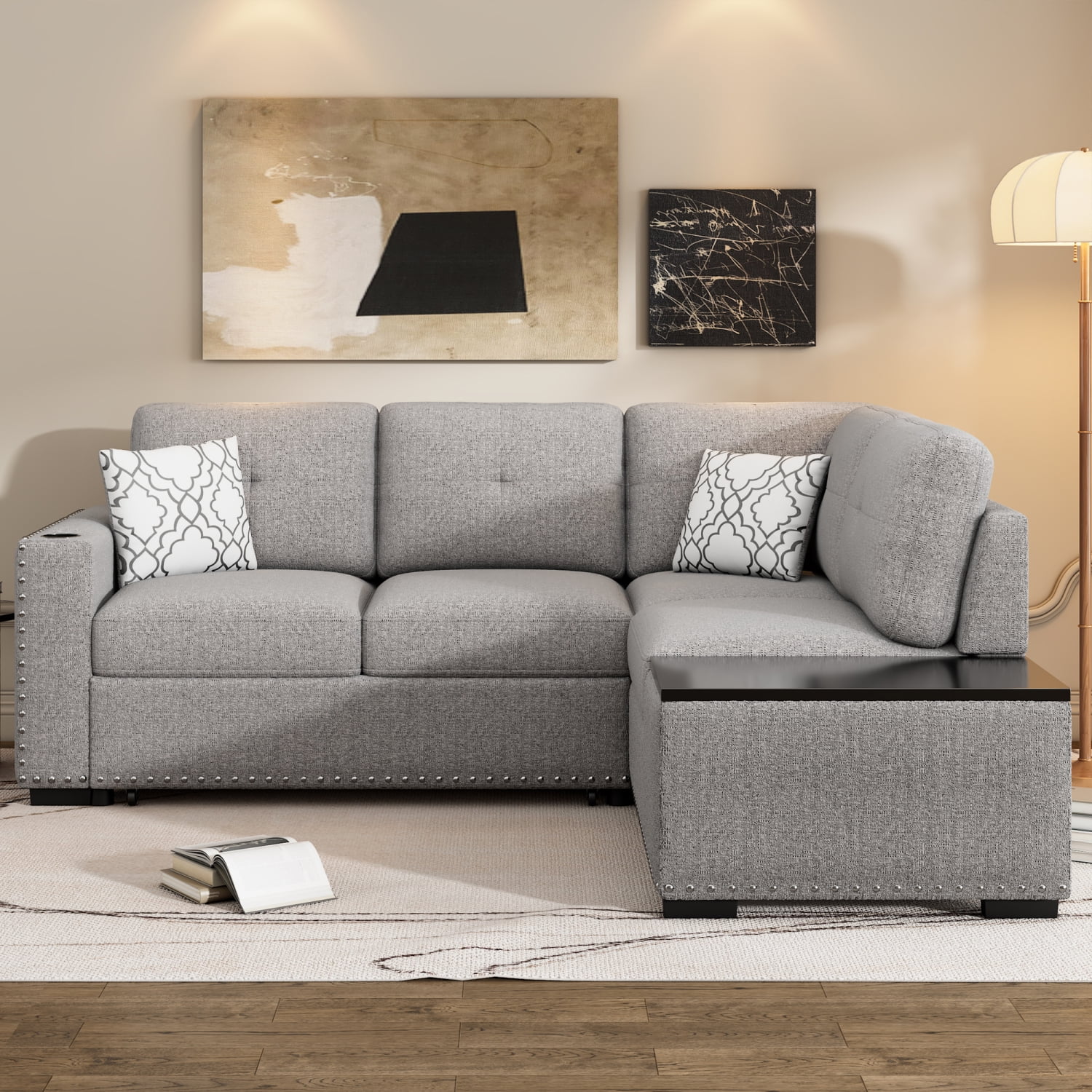 Modern 83.8” L-Shaped Corner Sectional Pull-Out Sofa Bed with Storage Chaise in Light Gray  featuring USB Ports  Power Sockets  and Cup Holder; Perfect for Living Room  Bedroom  Study Spa