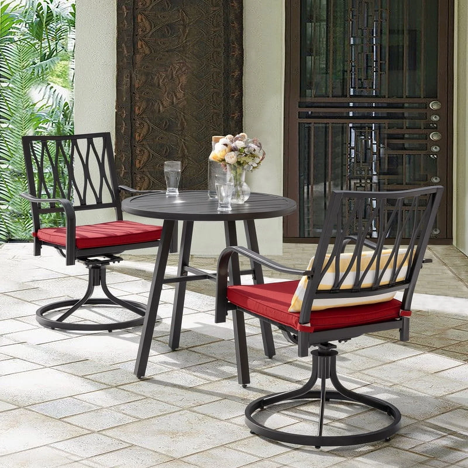 Nuu Garden 3 Piece Patio Bistro Set,Outdoor Furniture Patio Bistro Set Swivel Rocking Chair Set with Iron Table,Black and Red Color