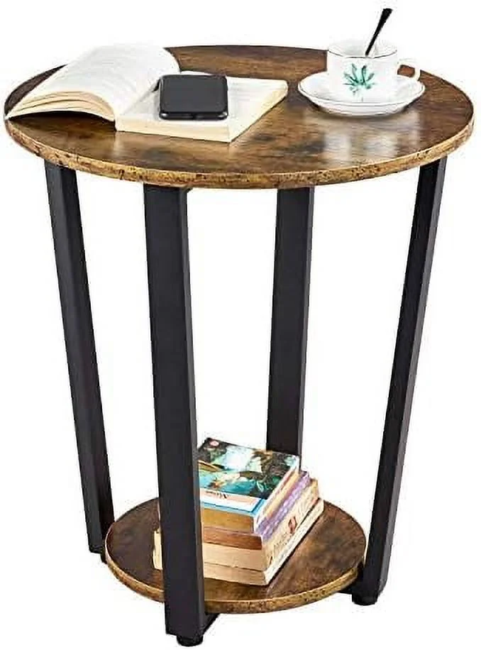 JYHOME Industrial Small Round End  for Living Room   2-Tier  Sofa Table with  Rack and Metal Frame for Small Spaces Office  Accent   Rustic Brown