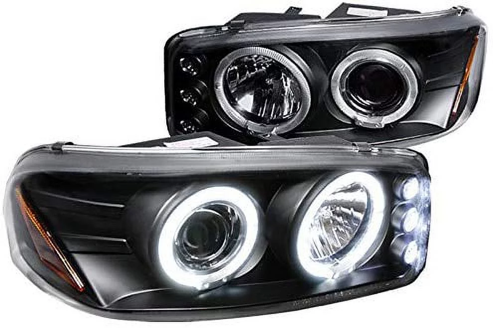 SMD LED Halo Projector Headlight In Black Housing Clear Lens Made For And Compatible With 1999 - 2006 GMC Sierra Denali Yukon XL 99 00 01 02 03 04 05 06