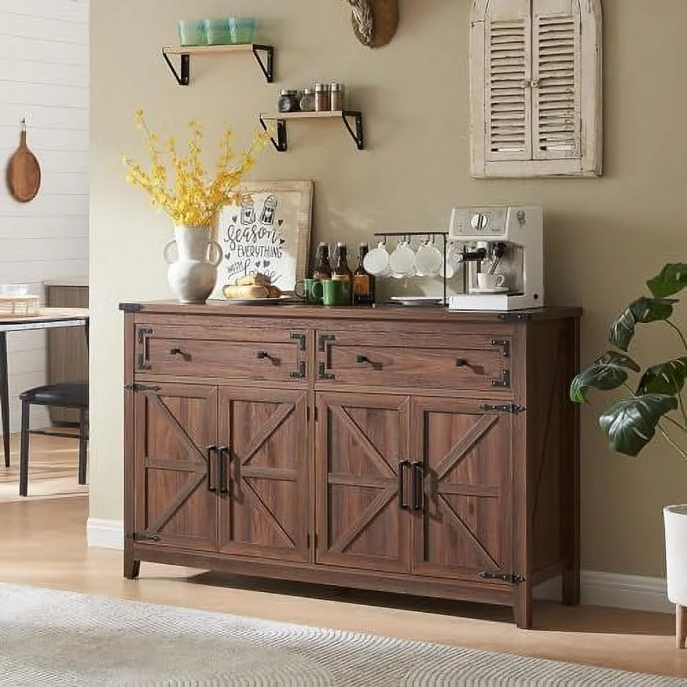HBBOOMLIFE Farmhouse Buffet Cabinet  55" Sideboard Buffet Cabinet with   Rustic  Cabinet with 4 Barn Doors & 2 Drawers  Wood Coffee  Table for Dinning Room  Kitchen  Living Room W