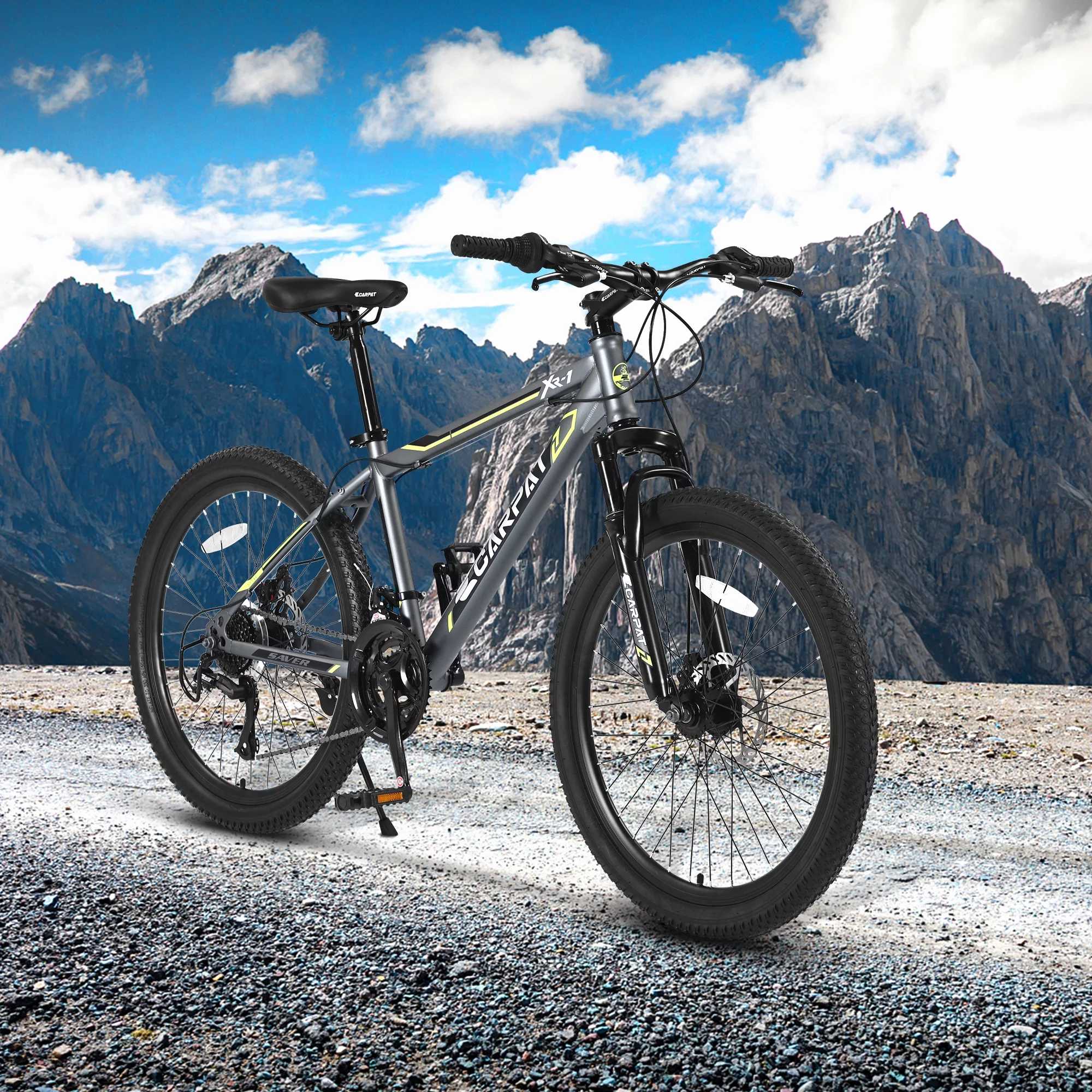 S24102 24 Inch Mountain Bike Boys Girls, Steel Frame, Shimano 21 Speed Mountain Bicycle with Daul Disc Brakes and Front Suspension MTB （Grey）