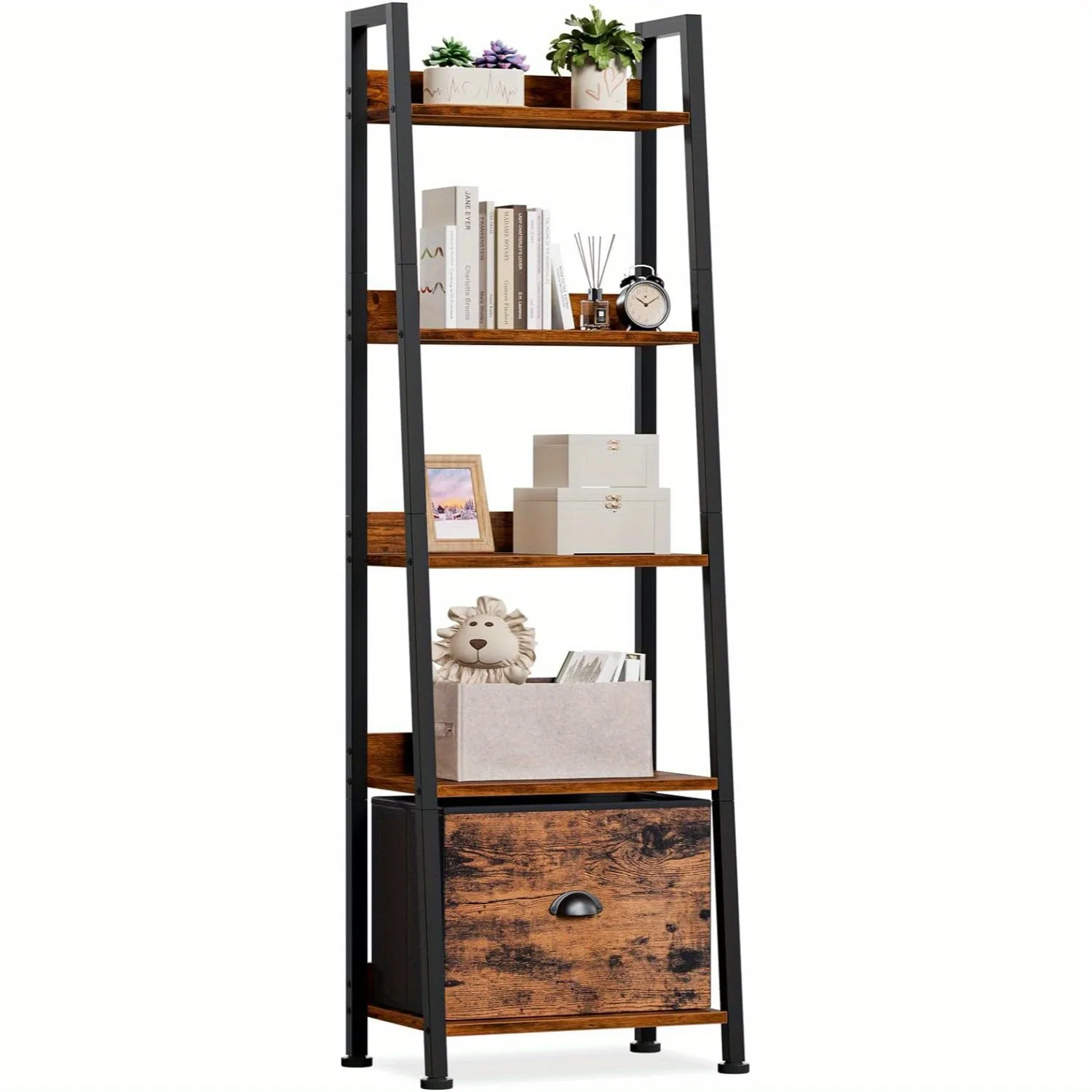 5-Tier Ladder Shelf, Ladder Bookshelf With Removable Drawer, Rustic Bookcase Storage Rack Organizer, Wood Metal Freestanding Storage Shelf For Living Room, Home Office, Bedroom, Balcony