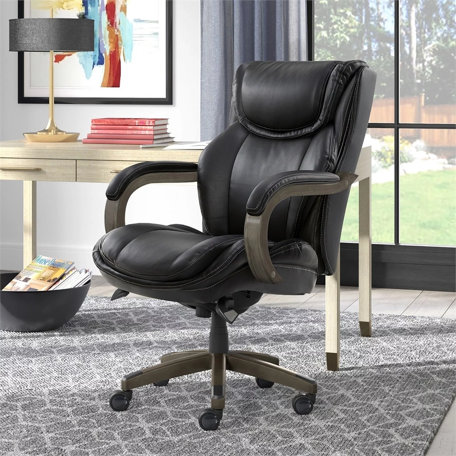 Scranton & Co Modern Faux Leather & Wood Executive Chair in Black