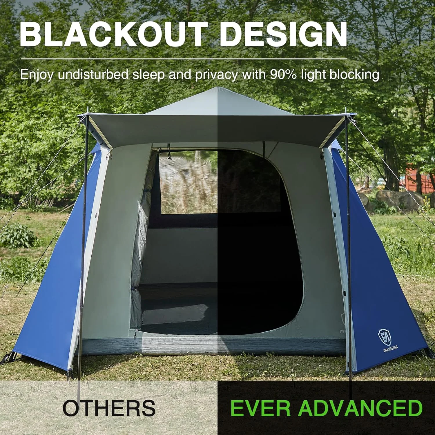 HYUN Blackout 6 Person Camping Tent, Instant Cabin Tent for Family with Vestibule and Large Mesh Windows, 60s Easy Setup, Double Layer, Water-Resistant, Blue