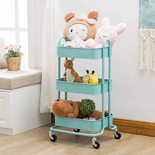 Walnest 3-Tier Metal Utility Rolling Cart, Multi-Functional Storage Cart with Lockable Wheels for Office, Bathroom, Kitchen, Blue