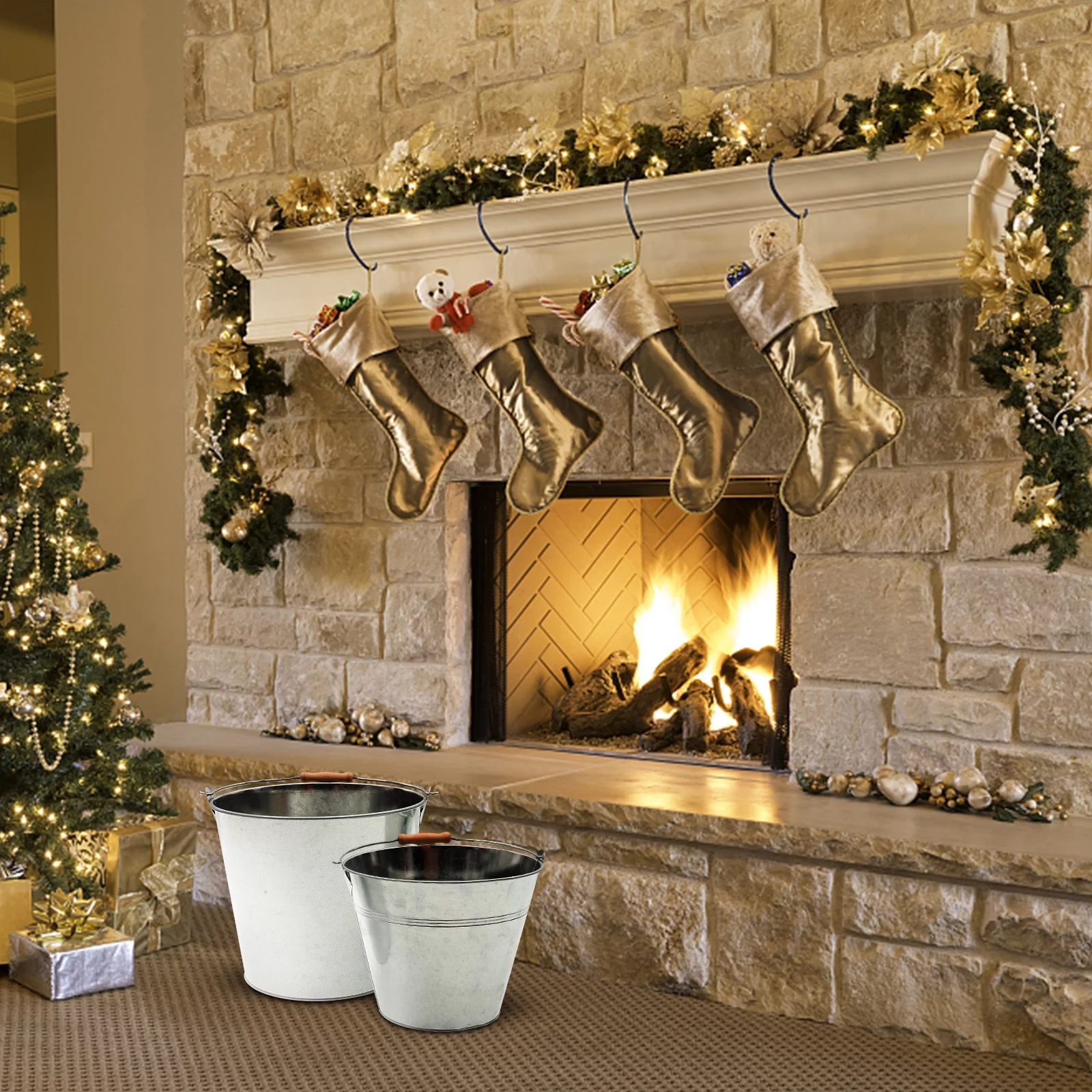 2pcs Iron Storage Buckets Fireplace Ash Buckets Charcoal Barrels Iron Buckets