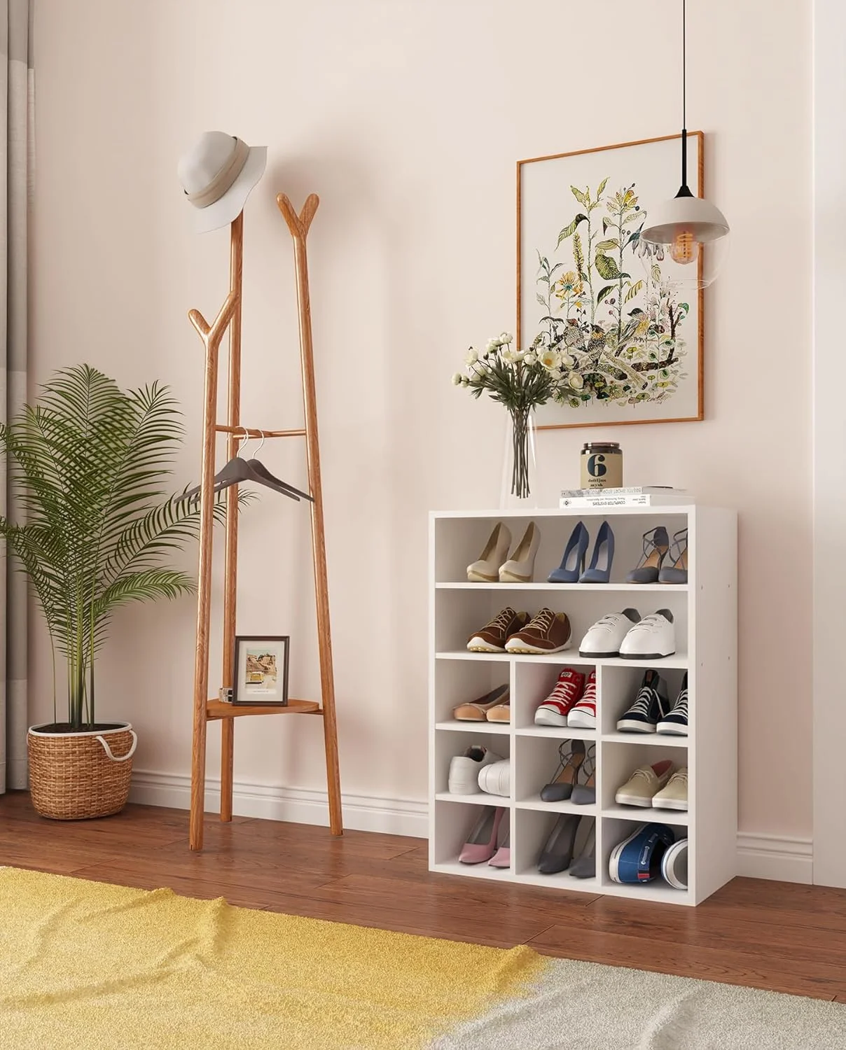 White Shoe Cubby, Stackable Wooden Shoe Rack Organizer Modern 5-Tier Freestanding Shoe Stand with 9 Organization Cubes 2 Storage shelves for 10-15 Pairs