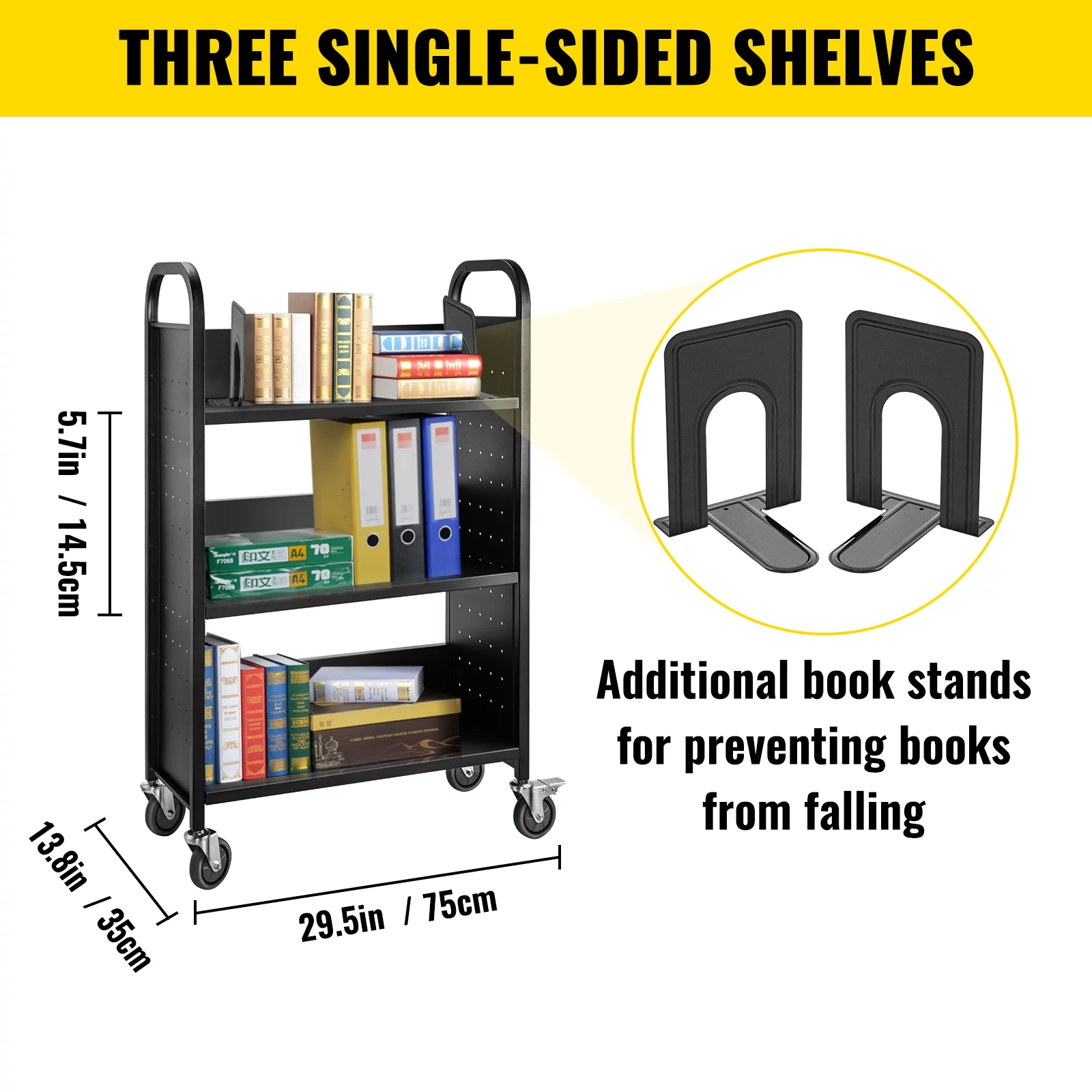 BENTISM Book Cart,Single Sided L-Shaped 200lbs Rolling Library Cart in Black