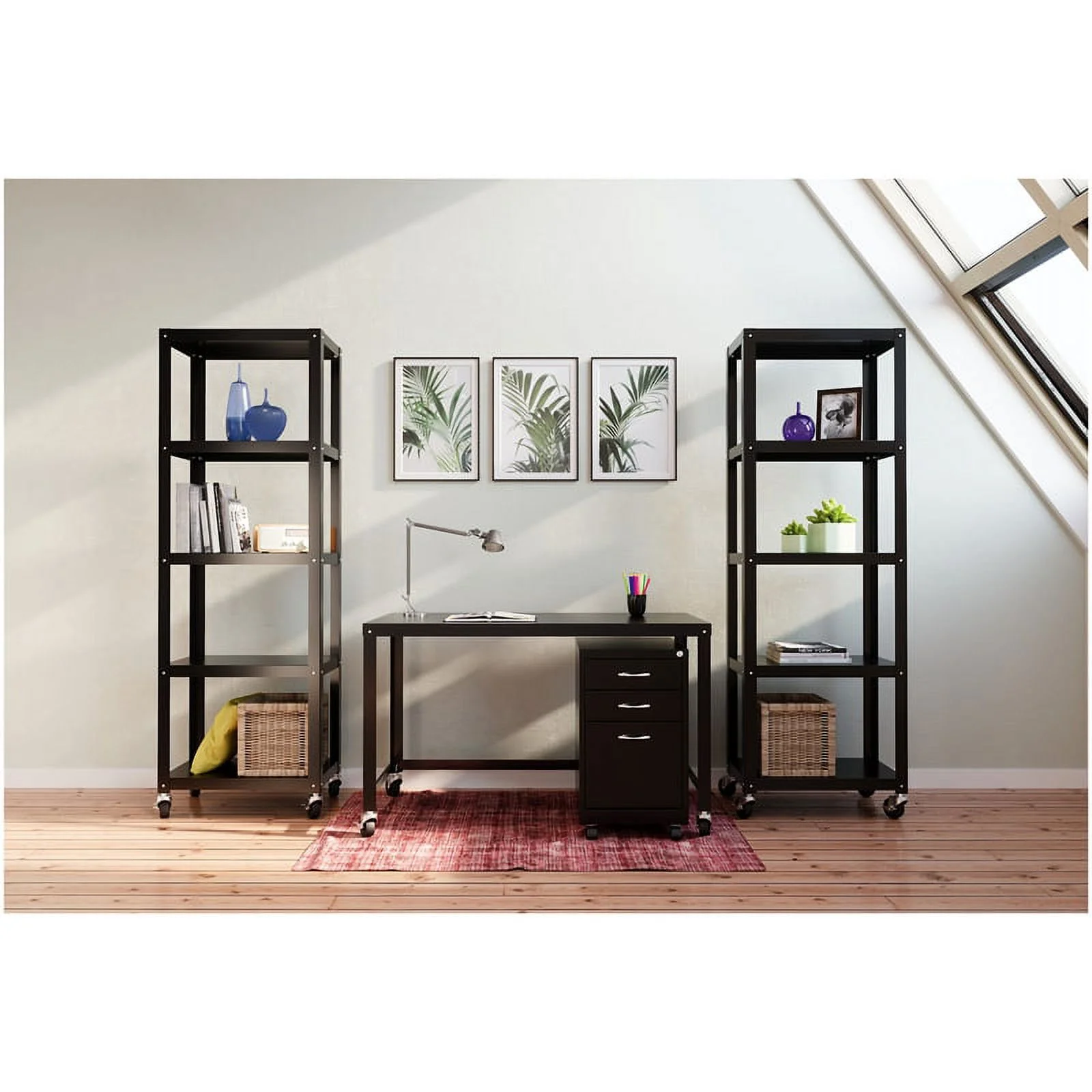 Pemberly Row 5-Shelf Steel Metal High Mobile Bookcase in Black