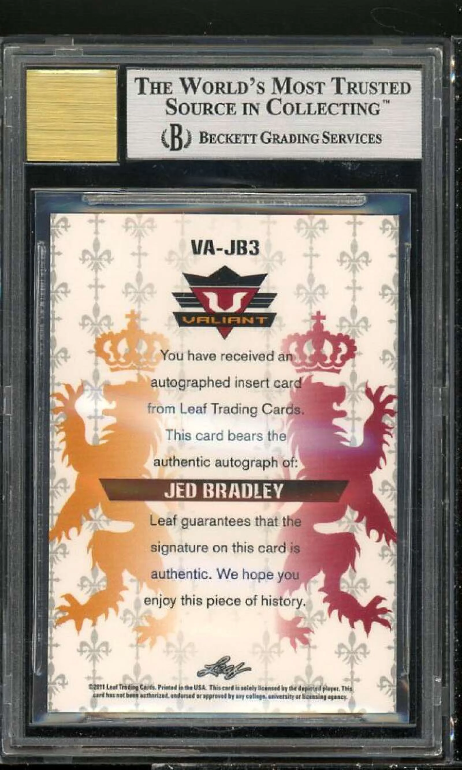Jed Bradley Rookie Card 2011 Leaf Valiant Draft Auto #B3 BGS 9 (10 9.5 9.5 8.5)