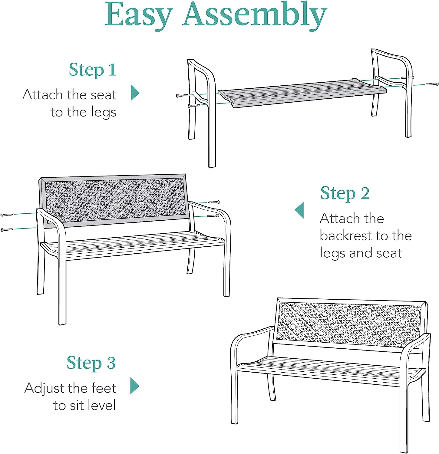 Outdoor Bench 2-Person Metal Steel Benches Furniture for Garden, Patio, Porch, Entryway w/Geometric Backrest, 790lb Capacity – Black