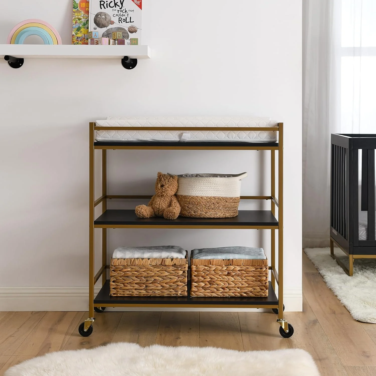 HYUN Jade Changing Table/Cart, Ebony Melamine/Bronze