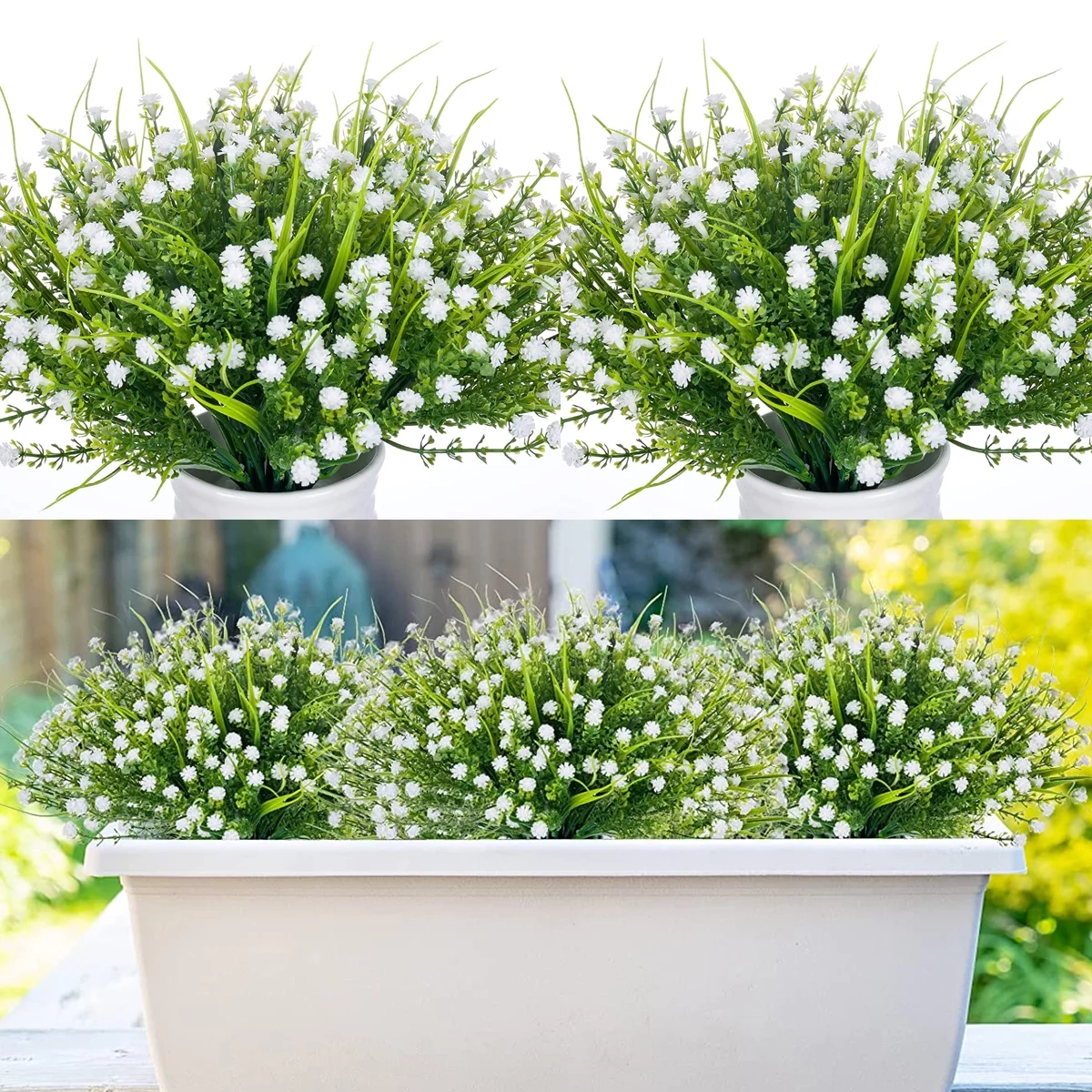 6/12Pcs Artificial Baby's Breath Flowers Outdoor, Gypsophila Fake Flowers UV Resistant Faux Plastic Flower for Hanging Planters Window Box Front Porch Indoor Outside Décor