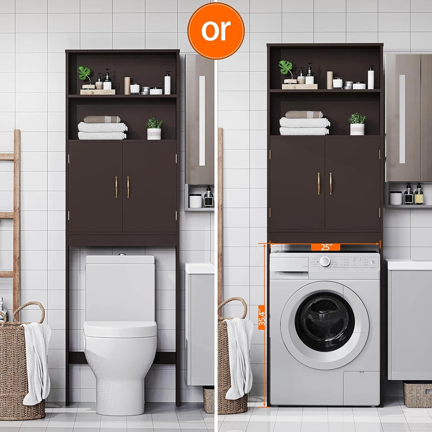 Over The Toilet Storage, Taller Bathroom Organizer Space-Saving Storage Cabinet with Adjustable Shelves and Double Doors, 77 in H, Espresso