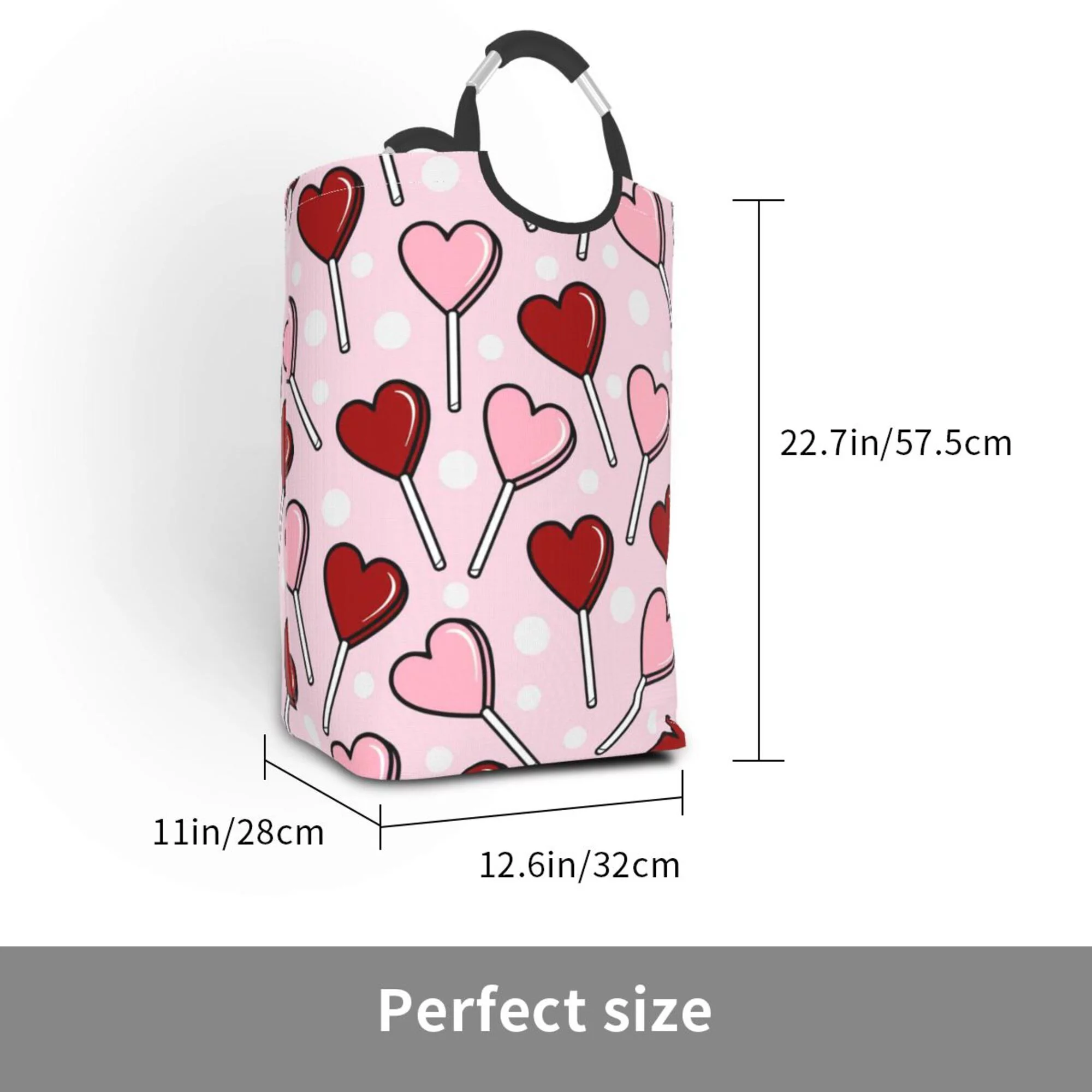 TEQUAN 50L Large Rectangular Laundry Hamper with Aluminum Handles, Red Pink lollipop Hearts Prints Waterproof Foldable Dirty Clothes Basket