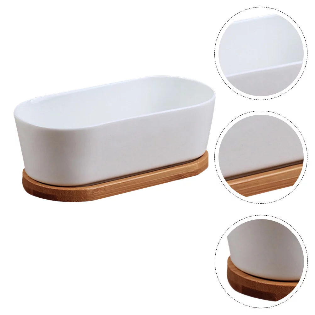 Guichaokj 2pcs Ceramic Succulent Bonsai Plant Pot Cactus Flower Planter with Bamboo Saucer