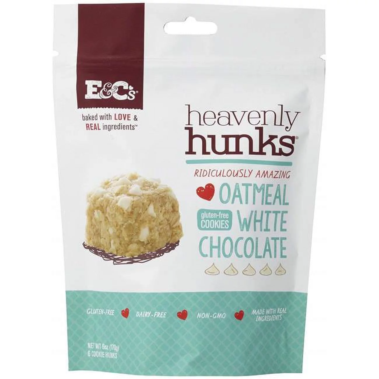 E&Cs Snacks  Heavenly Hunks Oatmeal White Cookie Chocolate - Gulten Free, 6 oz - Pack of 6