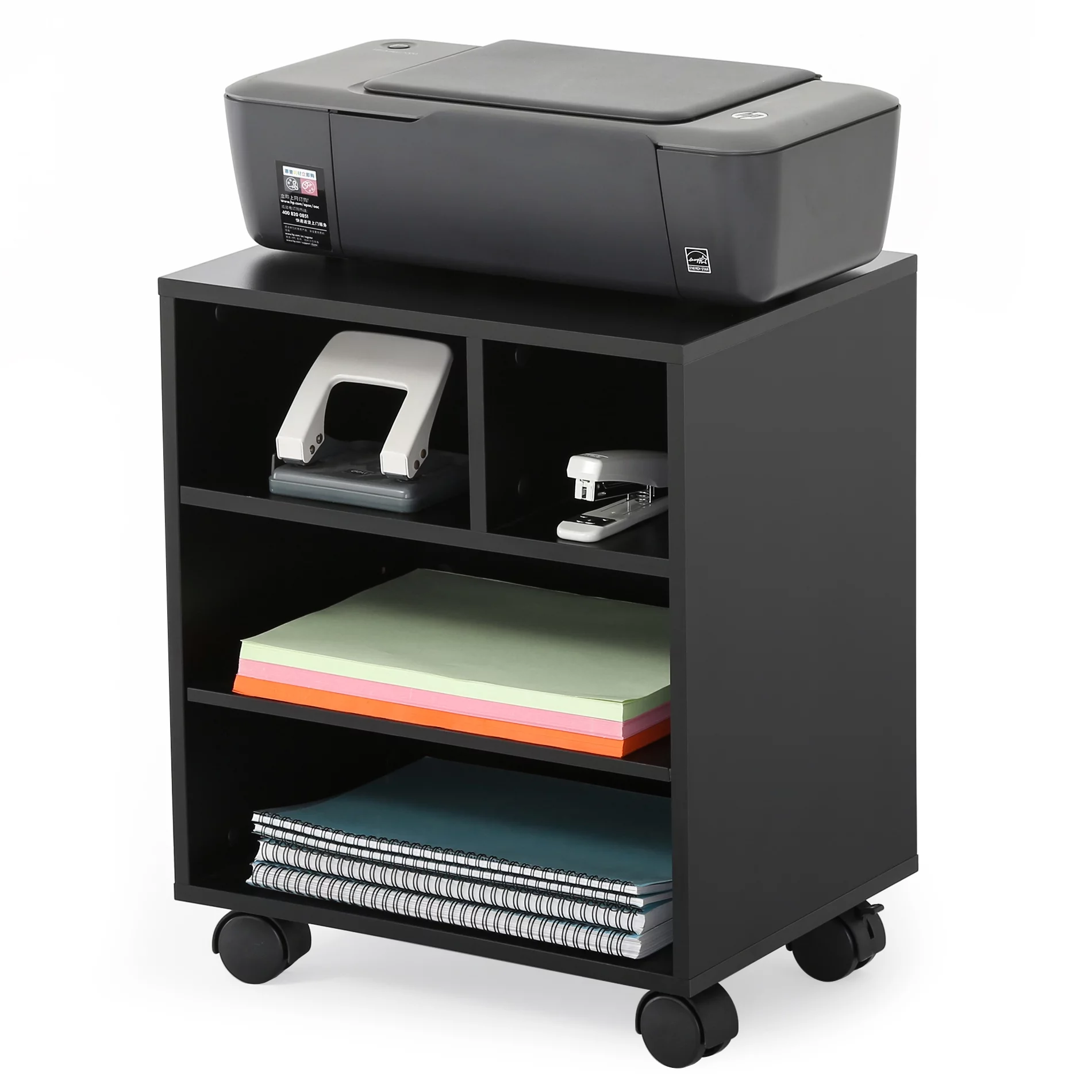 Mobile Printer Stand with Storge Shelves, Rolling File Cabinet on Wheels for Home, Office, Black
