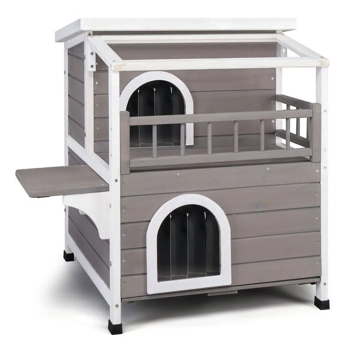 Al Fresco 2-Story Outdoor Cat House, Weatherproof Wooden Outside House with Escape Door, Grey&White