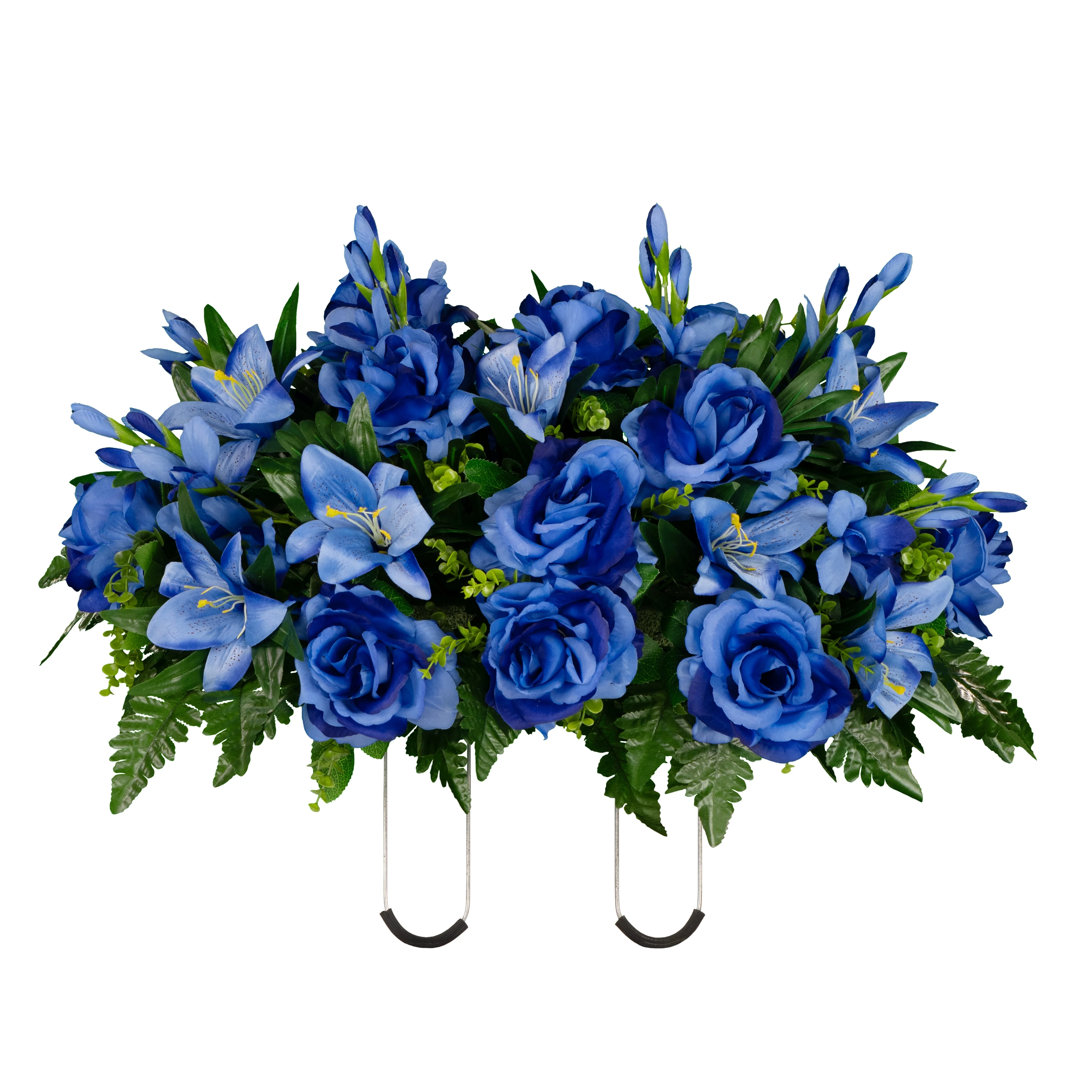 Sympathy Silks Artificial Cemetery Flowers Blue Gladiolus Rose and Lily Saddle for Headstone
