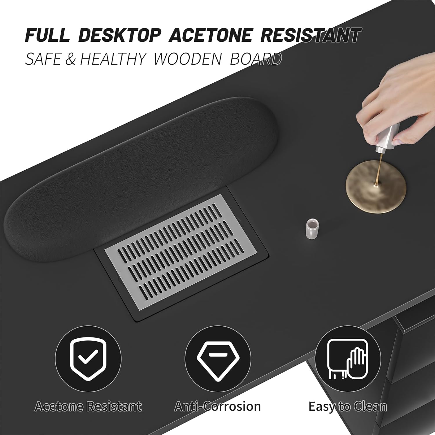 Electric Downdraft Vent Nail Table for Nail Tech Desk Acetone Resistant Nail Tech Table on Wheels with Soft Arm Rest (Electric Black)