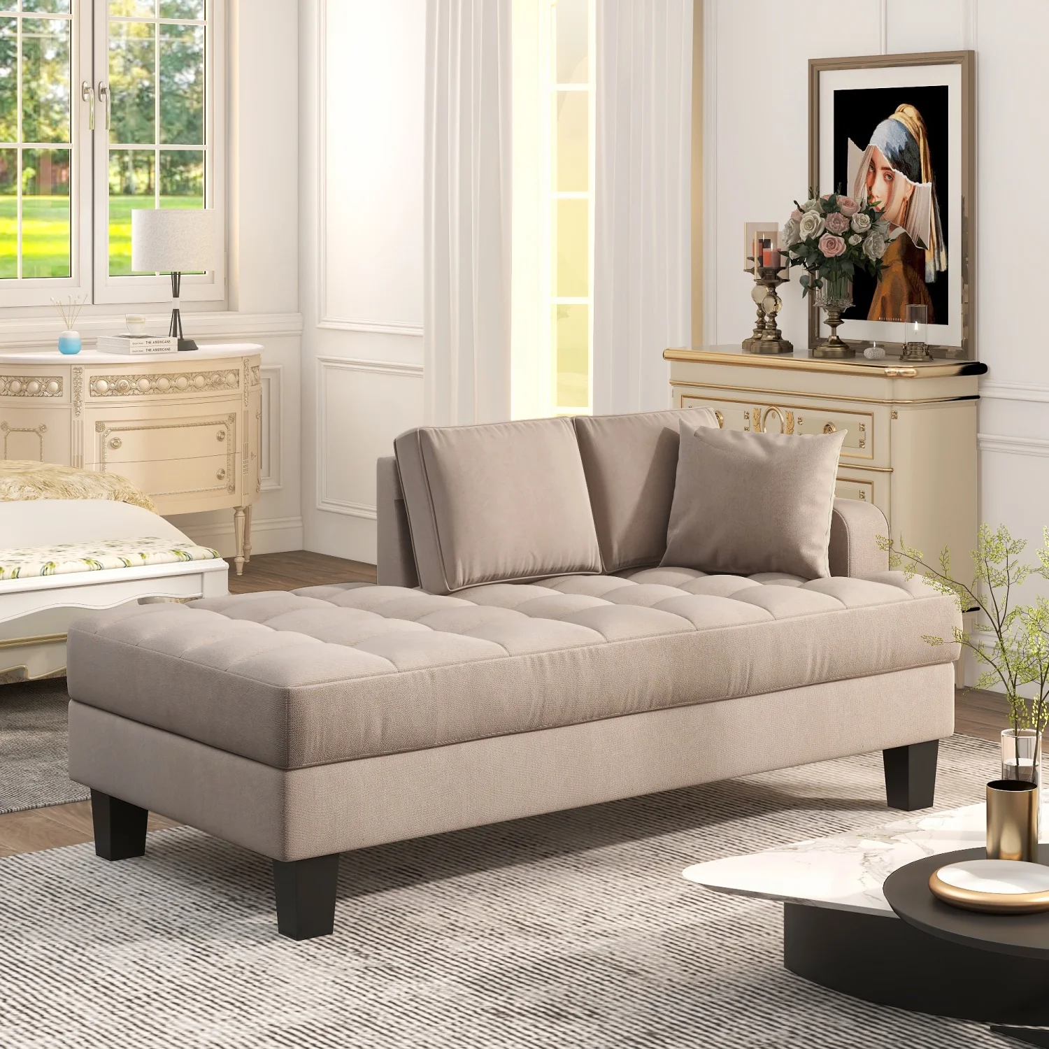 64 Inches Warm Grey Deep Tufted Textured Fabric Chaise Lounge with Included Toss Pillow - New Upholstered Design Ideal for Living Room or Bedroom