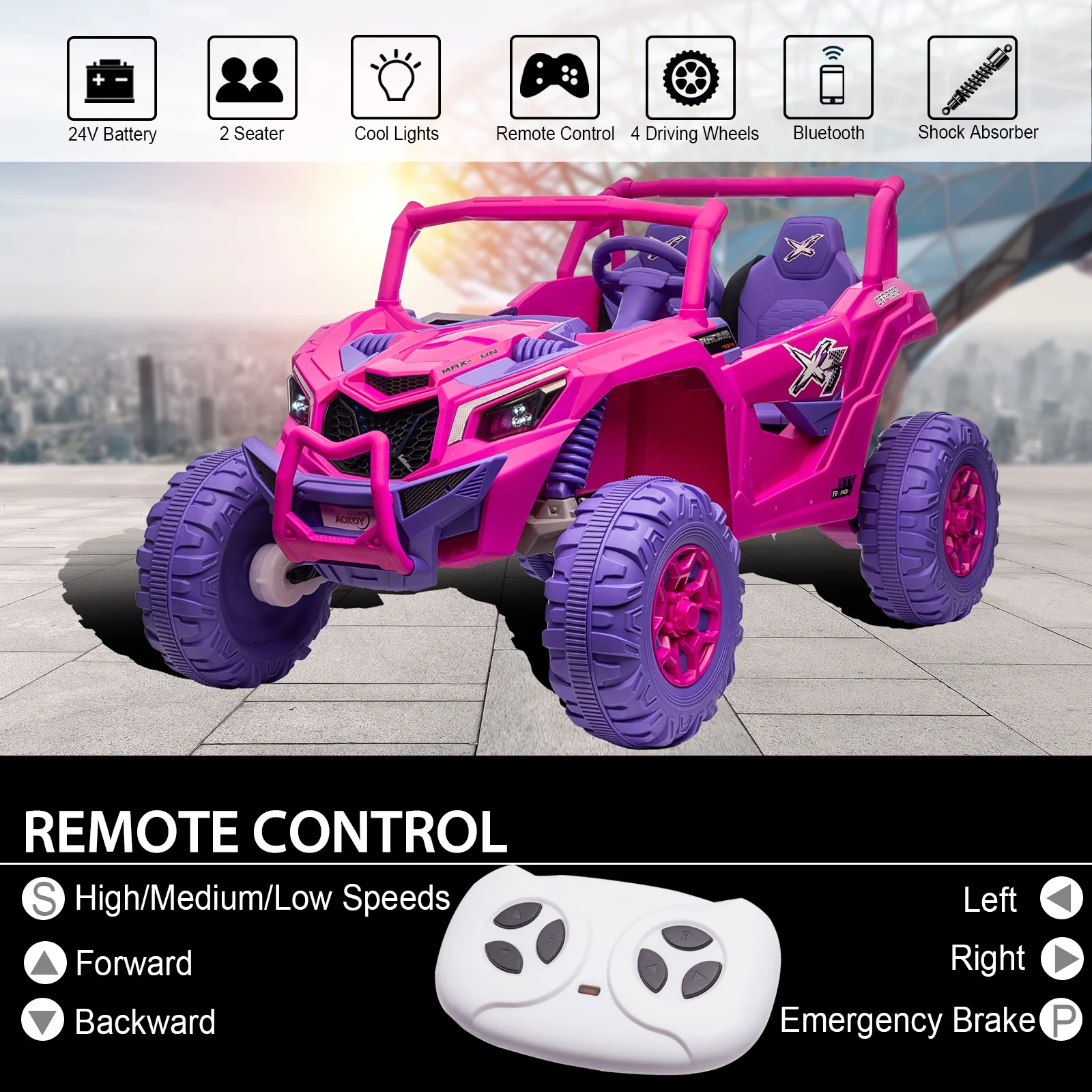 LUIBAS 24V 2 Seater Kids Ride on Car Kids UTV, 4x4 Electric Toy Car Electric Vehicles for Big Kids Off-Road with Remote Control and EVA Rubber Tire Wheels for Boys and Girls Best Gifts, Pink&Purple