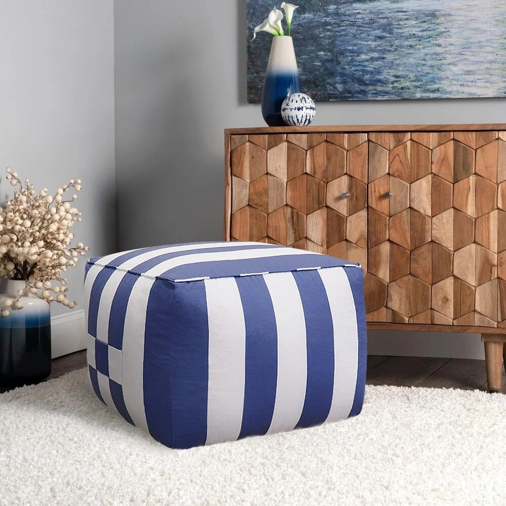 Pasargad Home Galaxy Poly Striped Pouf White Blue