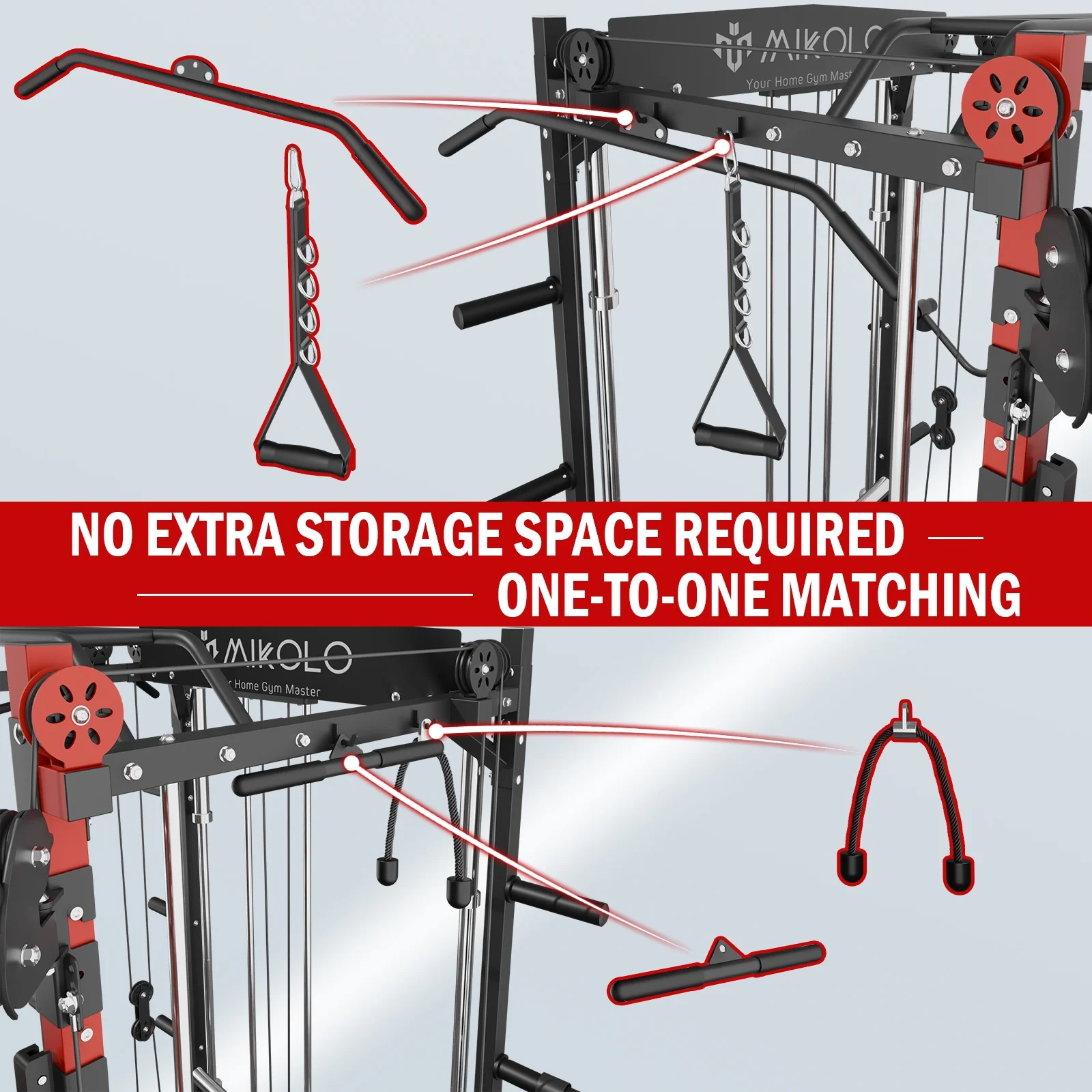 Mikolo Smith Machine, 2000 lbs Weight Rack with Cable Crossover Machine,Multi-Function Squat Rack with J Hooks,Dip Bars and Landmine for Home Gym (Red)