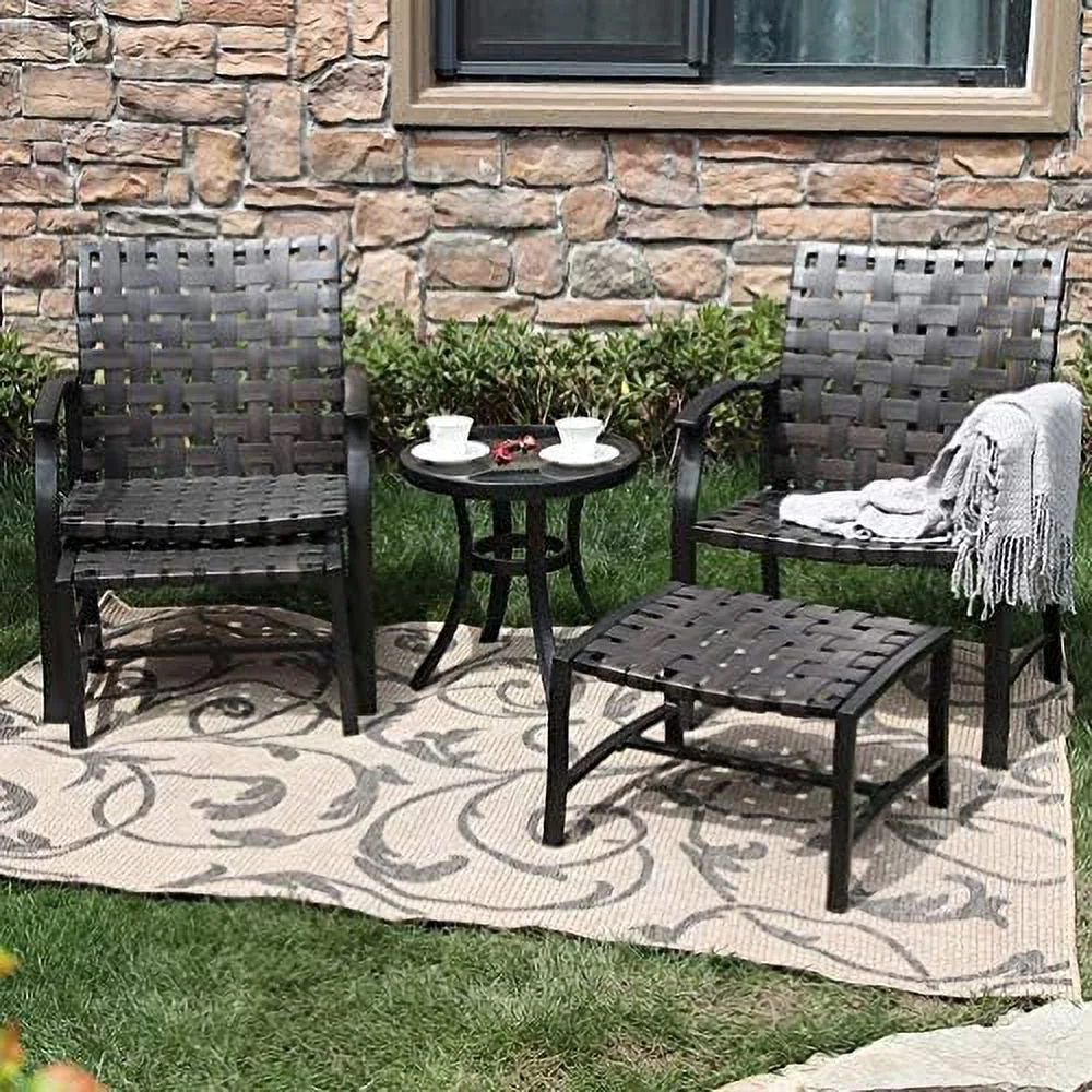 5Pcs Outdoor Patio Furniture Conversation Dining Set Strapping Chairs And Ottoman, Bistro Glass Coffee Table For Poolside Backyard Garden