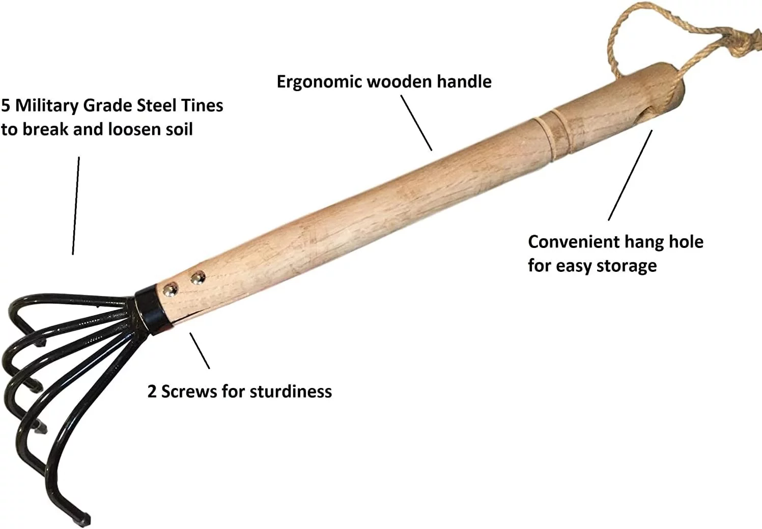 Hand Rake Cultivator Claw Soil Tiller - Military Grade Steel - Rust Resistant - 5 Tine Japanese Claw - Comfortable Wood Handle - Perfect Pulverized And Aerated Soil (4 Pack)