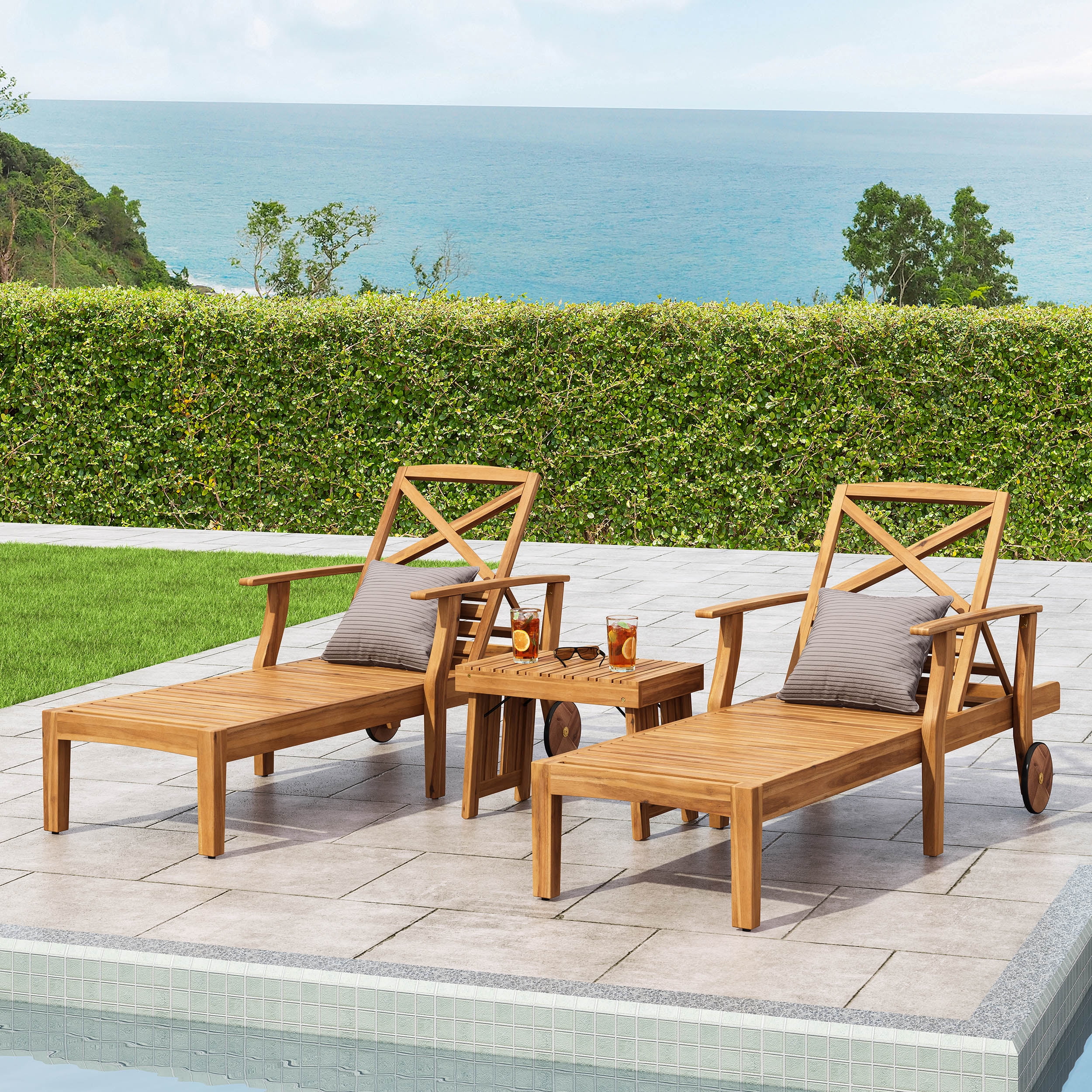 Noble House Forrest Acacia Wood Outdoor Chaise Lounge - Set of 2, Teak