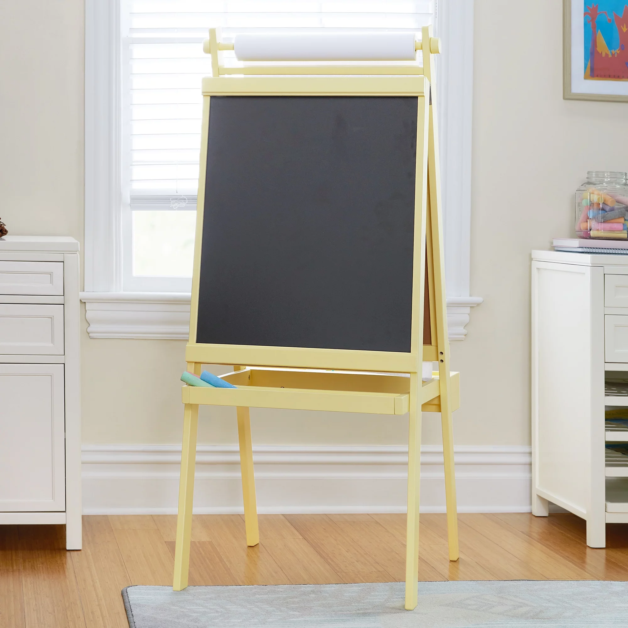Martha Stewart Crafting Kid's Art Easel - Pastel Yellow: 3 in 1 Wooden Chalkboard and Whiteboard with Paper Roll and Paint Cups
