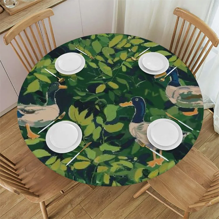 WXKJ Cute Animal Mallard Duck Round Fitted Tablecloth with Elastic Protector Table Cloth Kitchen Dinner Waterproof Oil-Proof Table Covers  White