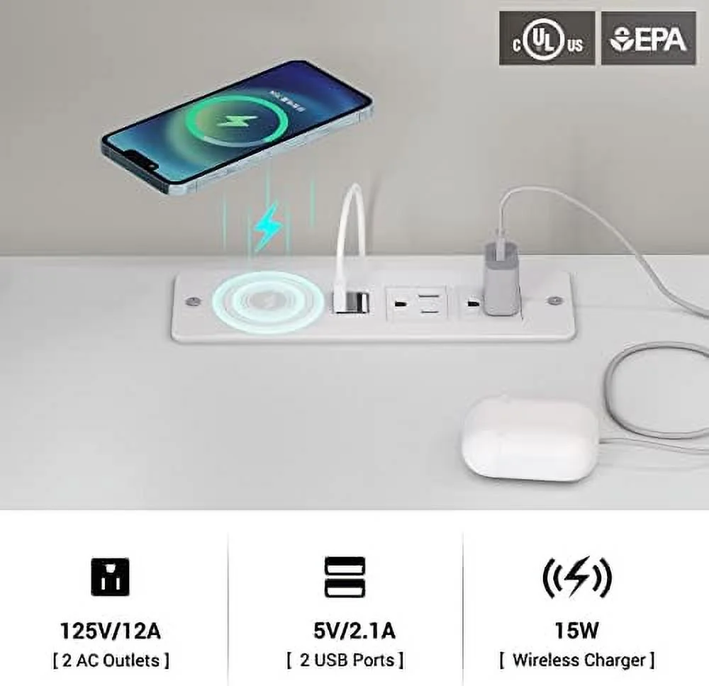 JDZHAPPYLIFE LED Nightstand White Nightstand with Wireless Charging Station 2 Drawers   End  with LED Lights  Wooden Sofa Bedside Table with Pull-Out